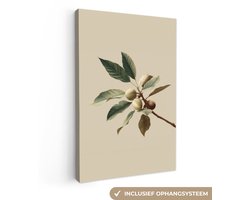 Canvas schilderij 40x60 cm - Wanddecoratie Tak - Groene Bladeren - Vruchten - Muurdecoratie woonkamer - Slaapkamer decoratie - Kamer accessoires - Schilderijen op canvas