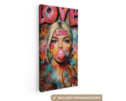 Canvas schilderij 40x80 cm - Wanddecoratie Vrouw - Kauwgom - Graffiti - Love - Muurdecoratie woonkamer - Slaapkamer decoratie - Kamer accessoires - Schilderijen op canvas