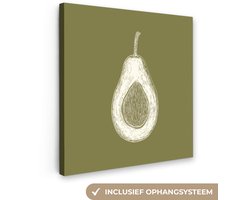Canvas schilderij 50x50 cm - Exclusieve wanddecoratie Avocado - Minimalistisch - Illustratie - Groen - Muurdecoratie woonkamer - Slaapkamer decoratie - Kamer accessoires - Schilderijen op canvas