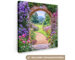 Canvas schilderij 50x50 cm - Exclusieve wanddecoratie Doorkijk - Poort - Bloemen - Tuin - Muurdecoratie woonkamer - Slaapkamer decoratie - Kamer accessoires - Schilderijen op canvas