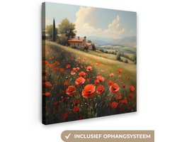 Canvas schilderij 50x50 cm - Exclusieve wanddecoratie Klaprozen - Rood - Heuvels - Landschap - Muurdecoratie woonkamer - Slaapkamer decoratie - Kamer accessoires - Schilderijen op canvas