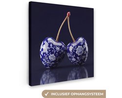 Canvas schilderij 50x50 cm - Exclusieve wanddecoratie Porselein- Kersen - Delfts - Blauw - Muurdecoratie woonkamer - Slaapkamer decoratie - Kamer accessoires - Schilderijen op canvas