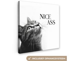 Canvas schilderij 50x50 cm - Wanddecoratie badkamer Katten - Nice ass - Quote - Zwart wit - Spreuken - Muurdecoratie WC - Decoratieve accessoires - Toilet muur decoratie - Schilderijen op canvas