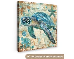 Canvas schilderij 50x50 cm - Wanddecoratie badkamer Vintage - Schildpad - Zeedieren - Watercolor - Muurdecoratie WC - Decoratieve accessoires - Toilet muur decoratie - Schilderijen op canvas