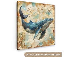 Canvas schilderij 50x50 cm - Wanddecoratie badkamer Vintage - Walvis - Watercolor - Blauw - Zeedieren - Muurdecoratie WC - Decoratieve accessoires - Toilet muur decoratie - Schilderijen op canvas