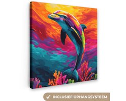 Canvas schilderij 50x50 cm - Wanddecoratie Dolfijn - Kleurrijk - Oceaan - Koraal - Muurdecoratie woonkamer - Slaapkamer decoratie - Kamer accessoires - Schilderijen op canvas