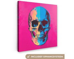 Canvas schilderij 50x50 cm - Wanddecoratie Neon - Blauw - Pop-art - Schedel - Muurdecoratie woonkamer - Slaapkamer decoratie - Kamer accessoires - Schilderijen op canvas