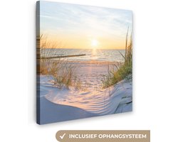 Canvas schilderij 50x50 cm - Wanddecoratie Strand - Zon - Duin - Gras - Zand - Horizon - Muurdecoratie woonkamer - Slaapkamer decoratie - Kamer accessoires - Schilderijen op canvas