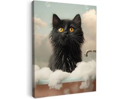 Canvas schilderij 50x70 cm - Wanddecoratie badkamer Kat - Bad - Zwart - Dieren - Schuim - Muurdecoratie WC - Decoratieve accessoires - Toilet muur decoratie - Schilderijen op canvas