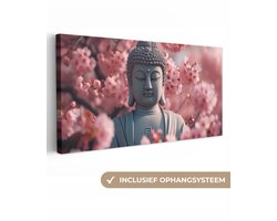 Canvas Schilderij 60x30 cm - Boeddha - Beeld - Sakura - Buddha - Kersenbloesem - Wanddecoratie - Muurdecoratie woonkamer - Kamer decoratie - Wanddoek binnen - Woonaccessoires