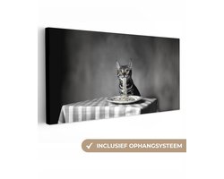 Canvas schilderij 60x30 cm - Wanddecoratie Bengaal - Kat - Tafelkleed - Zwart - Wit - Dier - Muurdecoratie woonkamer - Slaapkamer decoratie - Kamer accessoires - Schilderijen op canvas