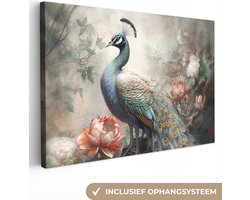 Canvas schilderij 60x40 cm - Pauw vogel - Kamer decoratie accessoires jungle - Schilderijen woonkamer bloemen - Wanddecoratie vogels slaapkamer - Muurdecoratie keuken - Wanddoek interieur binnen - Woondecoratie huis