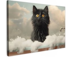 Canvas schilderij 60x40 cm - Wanddecoratie badkamer Kat - Bad - Zwart - Dieren - Schuim - Muurdecoratie WC - Decoratieve accessoires - Toilet muur decoratie - Schilderijen op canvas