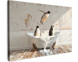Canvas schilderij 60x40 cm - Wanddecoratie badkamer Vintage - Pinguïn - Badkuip - Schuim - Muurdecoratie WC - Decoratieve accessoires - Toilet muur decoratie - Schilderijen op canvas