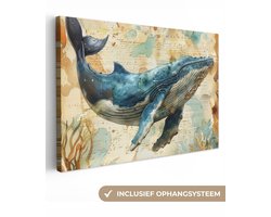 Canvas schilderij 60x40 cm - Wanddecoratie badkamer Vintage - Walvis - Watercolor - Blauw - Zeedieren - Muurdecoratie WC - Decoratieve accessoires - Toilet muur decoratie - Schilderijen op canvas