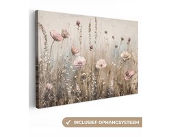 Canvas schilderij 60x40 cm - Wanddecoratie Bloemen - Roze - Modern - Beige - Muurdecoratie woonkamer - Slaapkamer decoratie - Kamer accessoires - Schilderijen op canvas