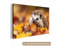 Canvas schilderij 60x40 cm - Wanddecoratie Egel - Bos - Herfstbladeren - Herfst - Bosdieren - Natuur - Muurdecoratie woonkamer - Slaapkamer decoratie - Kamer accessoires - Schilderijen op canvas