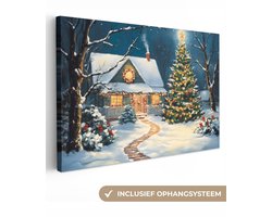 Canvas schilderij 60x40 cm - Wanddecoratie Kerst - Kerstboom - Winter - Huis - Sneeuw - Muurdecoratie woonkamer - Slaapkamer decoratie - Kamer accessoires - Schilderijen op canvas - Kerstdecoratie voor binnen - Kerstversiering - Kerstmis versiering