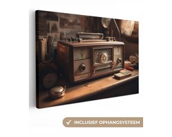 Canvas schilderij 60x40 cm - Wanddecoratie Vintage - Radio - Oud - Bureau - Lamp - Muurdecoratie woonkamer - Slaapkamer decoratie - Kamer accessoires - Schilderijen op canvas