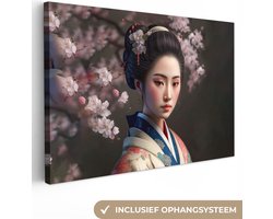 Canvas schilderij 60x40 cm - Wanddecoratie Vrouw - Sakura - Kimono - Aziatisch - Portret - Muurdecoratie woonkamer - Slaapkamer decoratie - Kamer accessoires - Schilderijen op canvas