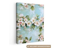 Canvas schilderij 60x80 cm - Exclusieve wanddecoratie Bloesem - Bladeren - Lichtblauw - Muurdecoratie woonkamer - Slaapkamer decoratie - Kamer accessoires - Schilderijen op canvas