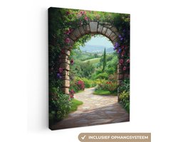 Canvas schilderij 60x80 cm - Exclusieve wanddecoratie Doorkijk - Landschap - Bloemen - Pad - Uitzicht - Muurdecoratie woonkamer - Slaapkamer decoratie - Kamer accessoires - Schilderijen op canvas