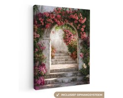 Canvas schilderij 60x80 cm - Exclusieve wanddecoratie Doorkijk - Rozen - Vintage - Poort - Muurdecoratie woonkamer - Slaapkamer decoratie - Kamer accessoires - Schilderijen op canvas