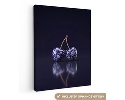 Canvas schilderij 60x80 cm - Exclusieve wanddecoratie Porselein- Kersen - Delfts - Blauw - Muurdecoratie woonkamer - Slaapkamer decoratie - Kamer accessoires - Schilderijen op canvas