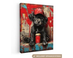 Canvas Schilderij 60x80 cm - Graffiti - Hond - Pet - Puppy - Rood - Street art - Dier - Wanddecoratie slaapkamer - Muurdecoratie woonkamer - Interieur decoratie - Schilderijen