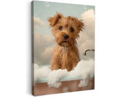 Canvas schilderij 60x80 cm - Wanddecoratie badkamer Hond - Bad - Dieren - Schuim - Muurdecoratie WC - Decoratieve accessoires - Toilet muur decoratie - Schilderijen op canvas