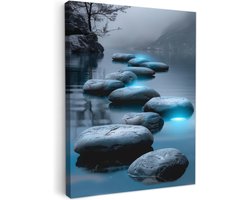 Canvas schilderij 60x80 cm - Wanddecoratie badkamer Stenen - Water - Bomen - Natuur - Muurdecoratie WC - Decoratieve accessoires - Toilet muur decoratie - Schilderijen op canvas