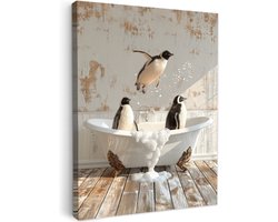 Canvas schilderij 60x80 cm - Wanddecoratie badkamer Vintage - Pinguïn - Badkuip - Schuim - Muurdecoratie WC - Decoratieve accessoires - Toilet muur decoratie - Schilderijen op canvas