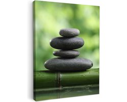Canvas schilderij 60x80 cm - Wanddecoratie badkamer Zen - Stenen - Groen - Natuur - Bamboe - Muurdecoratie WC - Decoratieve accessoires - Toilet muur decoratie - Schilderijen op canvas