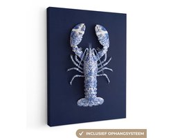 Canvas schilderij 60x80 cm - Wanddecoratie Kreeft - Porselein - Delfts - Blauw - Muurdecoratie woonkamer - Slaapkamer decoratie - Kamer accessoires - Schilderijen op canvas