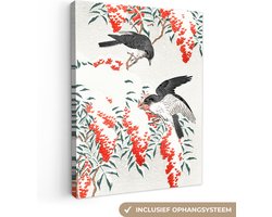 Canvas schilderij 60x80 cm - Wanddecoratie Vogel - Zwaluw - Bes - Japandi - Muurdecoratie woonkamer - Slaapkamer decoratie - Kamer accessoires - Schilderijen