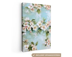 Canvas schilderij 60x90 cm - Exclusieve wanddecoratie Bloesem - Bladeren - Lichtblauw - Muurdecoratie woonkamer - Slaapkamer decoratie - Kamer accessoires - Schilderijen op canvas