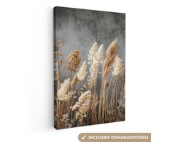 Canvas schilderij 60x90 cm - Exclusieve wanddecoratie Gedroogde Veldbloemen - Grijs - Beton - Muurdecoratie woonkamer - Slaapkamer decoratie - Kamer accessoires - Schilderijen op canvas