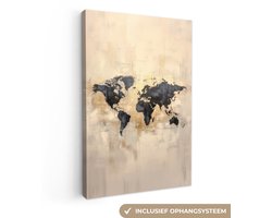 Canvas schilderij 60x90 cm - Exclusieve wanddecoratie Wereldkaart - Goud - Zwart - Abstract - Muurdecoratie woonkamer - Slaapkamer decoratie - Kamer accessoires - Schilderijen op canvas