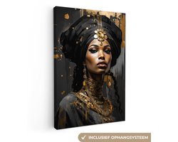 Canvas schilderij 60x90 cm - Vrouw portret goud - Kamer decoratie accessoires - Schilderijen woonkamer - Zwarte wanddecoratie slaapkamer - Muurdecoratie keuken zwart - Wanddoek interieur binnen - Gouden woondecoratie huis