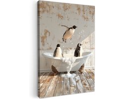Canvas schilderij 60x90 cm - Wanddecoratie badkamer Vintage - Pinguïn - Badkuip - Schuim - Muurdecoratie WC - Decoratieve accessoires - Toilet muur decoratie - Schilderijen op canvas