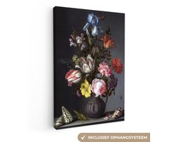 Canvas schilderij 60x90 cm - Wanddecoratie Bloemen in een vaas met schelpen en insecten - Balthasar van der Ast - Muurdecoratie woonkamer - Slaapkamer decoratie - Kamer accessoires - Schilderijen op canvas
