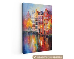 Canvas schilderij 60x90 cm - Wanddecoratie Grachtenpanden - Kunst - Schilderij - Amsterdam - Muurdecoratie woonkamer - Slaapkamer decoratie - Kamer accessoires - Schilderijen op canvas