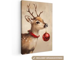 Canvas schilderij 60x90 cm - Wanddecoratie Kerst - Hert - Gewei - Kerstbal - Rendier - Muurdecoratie woonkamer - Slaapkamer decoratie - Kamer accessoires - Schilderijen op canvas - Kerstdecoratie voor binnen - Kerstversiering - Kerstmis versiering