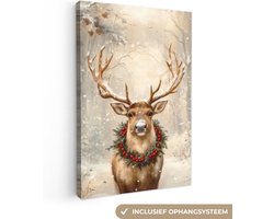 Canvas schilderij 60x90 cm - Wanddecoratie Kerst - Rendier - Winter - Krans - Muurdecoratie woonkamer - Slaapkamer decoratie - Kamer accessoires - Schilderijen op canvas - Kerstdecoratie voor binnen - Kerstversiering - Kerstmis versiering