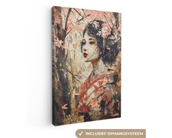 Canvas schilderij 60x90 cm - Wanddecoratie Kimono - Vrouw - kersenbomen - Muurdecoratie woonkamer - Slaapkamer decoratie - Kamer accessoires - Schilderijen op canvas