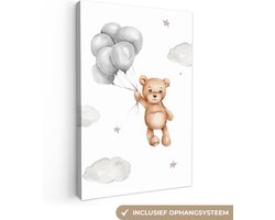 Canvas schilderij 60x90 cm - Wanddecoratie kinderkamer Beer - Ballon - Sterren - Kinderen - Muurdecoratie babykamer - Kamer decoratie voor jongens en meisjes - Baby accessoires - Schilderijen
