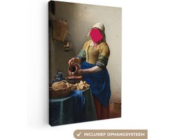 Canvas schilderij 60x90 cm - Wanddecoratie Melkmeisje - Johannes Vermeer - Roze - Muurdecoratie woonkamer - Slaapkamer decoratie - Kamer accessoires - Schilderijen