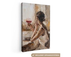 Canvas schilderij 60x90 cm - Wanddecoratie Schilderij - Vrouw - Wijn - Olieverf - Muurdecoratie woonkamer - Slaapkamer decoratie - Kamer accessoires - Schilderijen op canvas