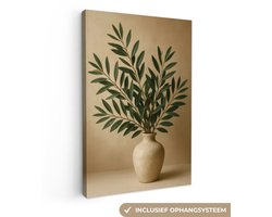 Canvas schilderij 60x90 cm - Wanddecoratie Vaas - Olijftakken - Bladeren - Beige - Muurdecoratie woonkamer - Slaapkamer decoratie - Kamer accessoires - Schilderijen op canvas