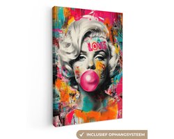 Canvas schilderij 60x90 cm - Wanddecoratie Vrouw - Kauwgom - Graffiti - Neonkleuren - Muurdecoratie woonkamer - Slaapkamer decoratie - Kamer accessoires - Schilderijen op canvas
